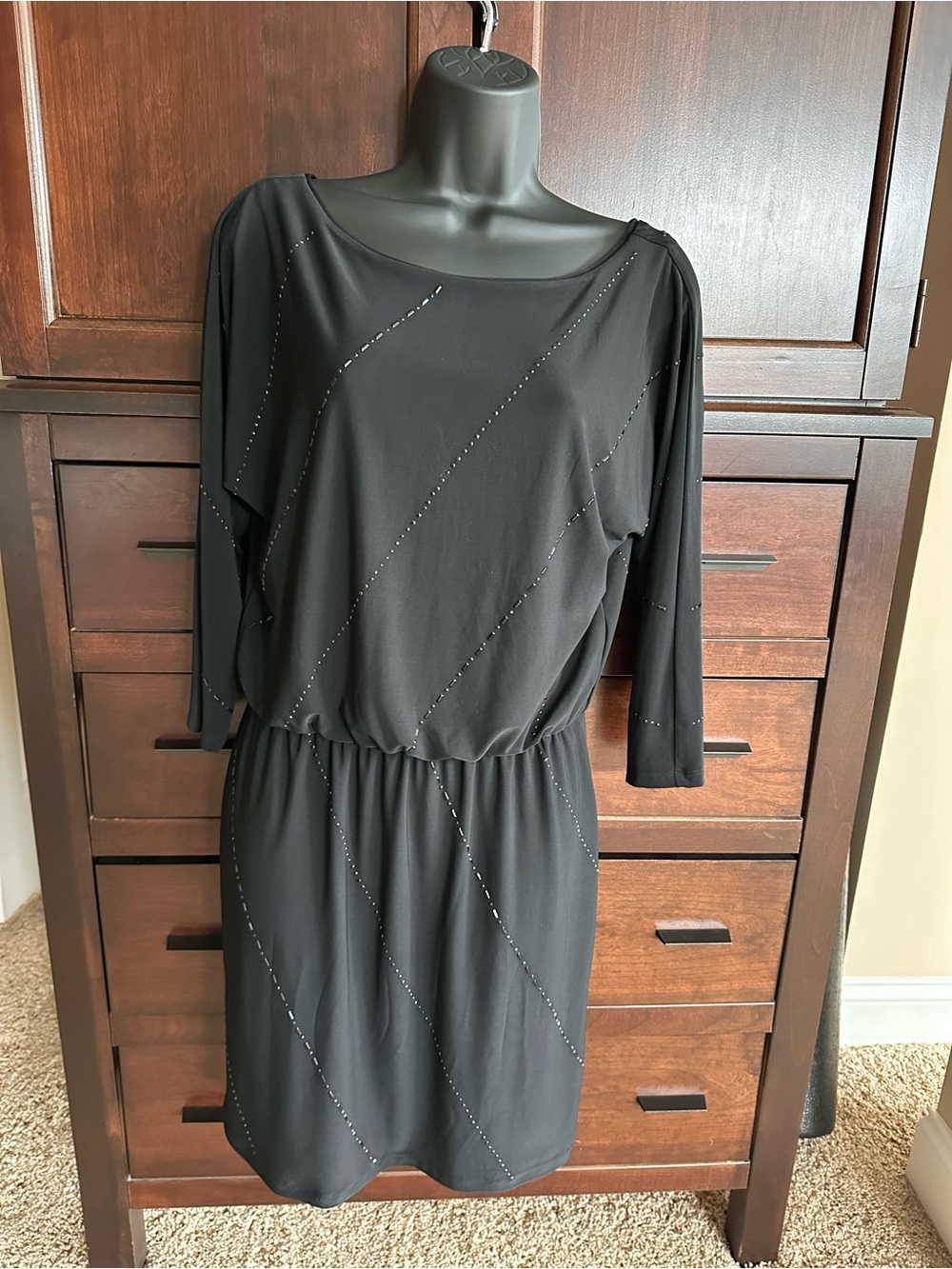 White House Black Market Black Diagonal Stud-Accent Blouson Dress